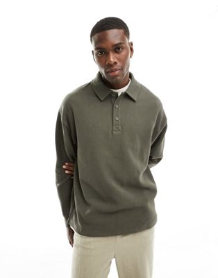 ASOS DESIGN oversized polo sweatshirt in ribbed fabric in grey