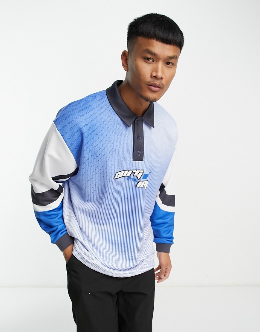 Asos Design Oversized Polo Sweatshirt In Sports All Over Print-blue
