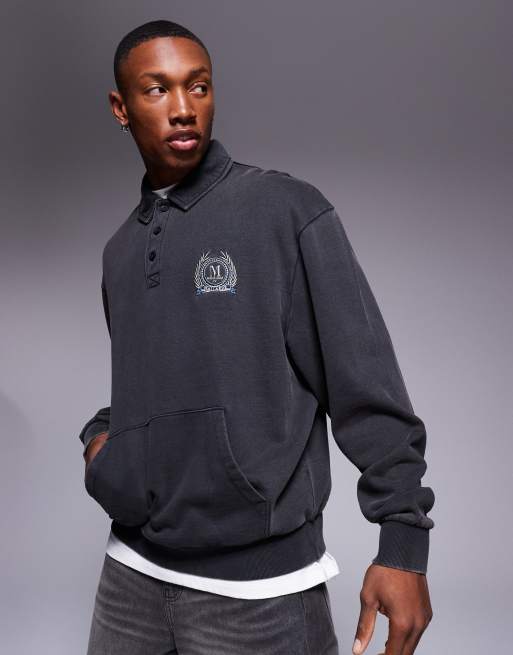 ASOS DESIGN - Oversized polo-sweatshirt med print på brystet i sort syrevask
