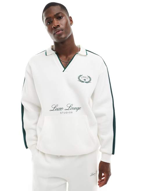 ASOS DESIGN _ Oversized polo-sweatshirt med reverskrave, kontrasterende kanter og print i beige