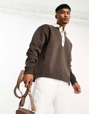 Asos Design Oversized Polo Sweatshirt With Button Neck In Brown