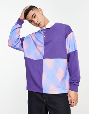 ASOS DESIGN oversized polo sweatshirt with check panelling in purple  - ASOS Price Checker