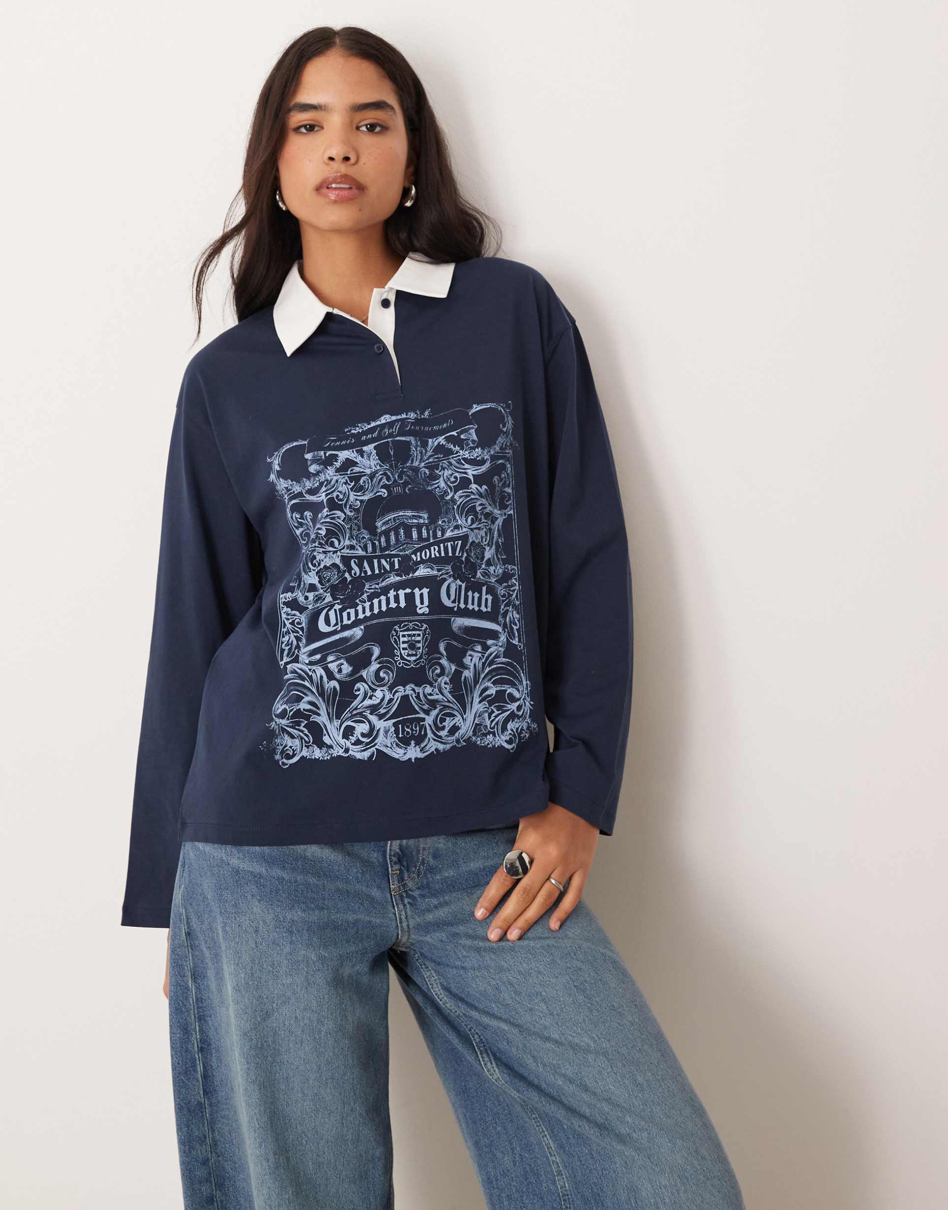 asos design oversized polo sweatshirt with country club graphic in navy