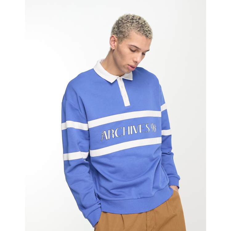 ASOS DESIGN oversized polo sweatshirt with text print in blue | ASOS