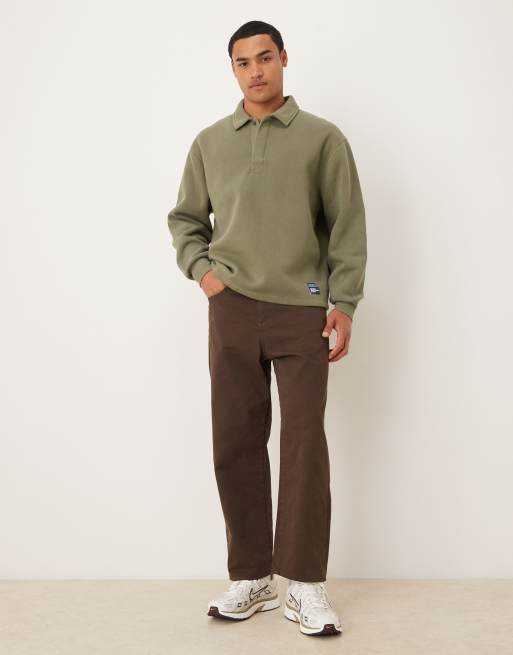 ASOS DESIGN oversized polo sweatshirt with woven label badge in khaki