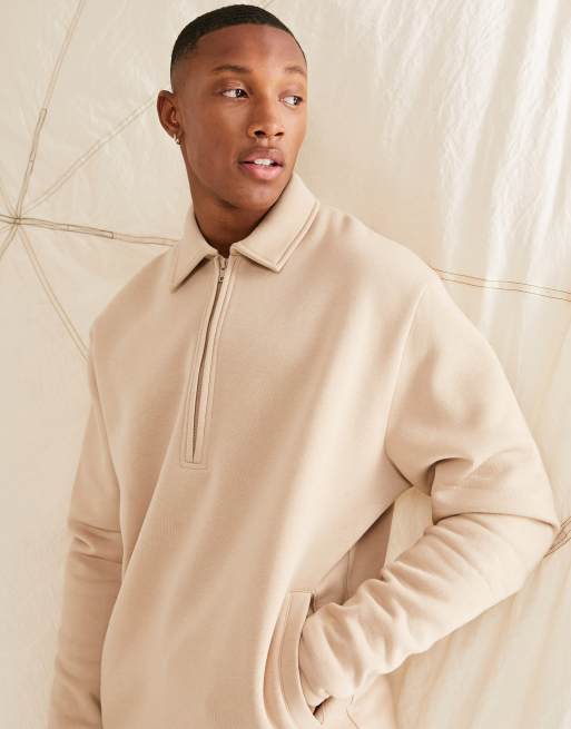 ASOS DESIGN oversized polo sweatshirt with zip collar in beige