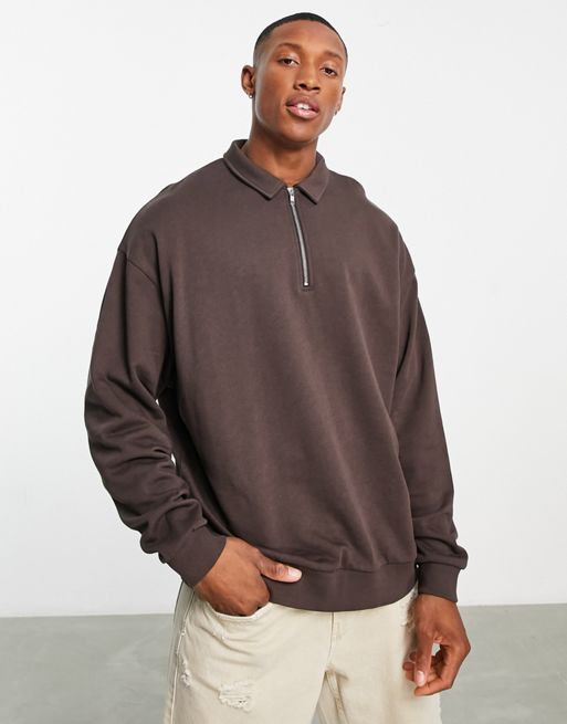 Topman heavyweight oversized 1/4 zip sweatshirt in brown