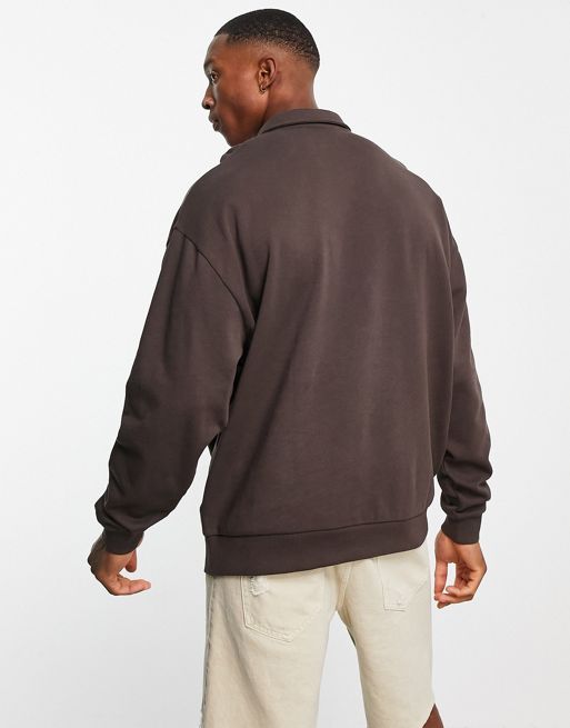 Topman heavyweight oversized 1/4 zip sweatshirt in brown