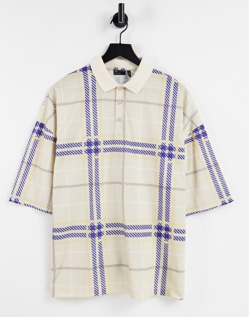 ASOS DESIGN oversized polo T-shirt in all-over beige check-Neutral