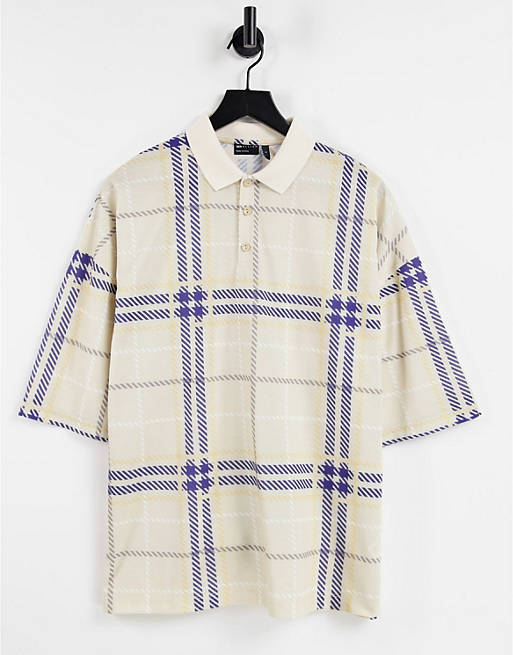  oversized polo t-shirt in all over beige check 