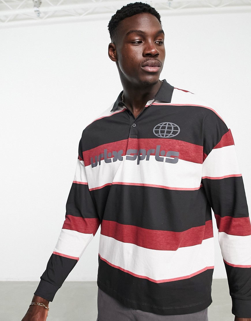 Asos Design Oversized Polo T-shirt In Black & Pink Stripe With Front Print