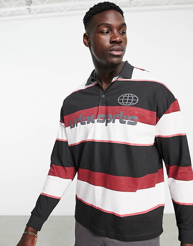 ASOS DESIGN - oversized polo t-shirt in black & pink stripe with front print
