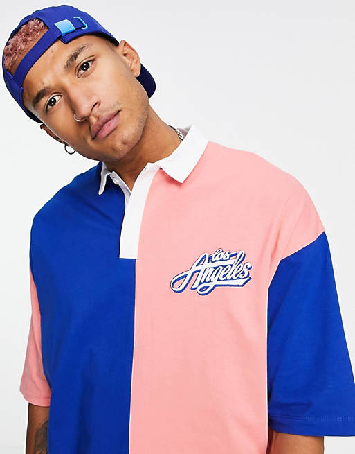 ASOS DESIGN oversized polo t-shirt in blue & pink colour block with chest print