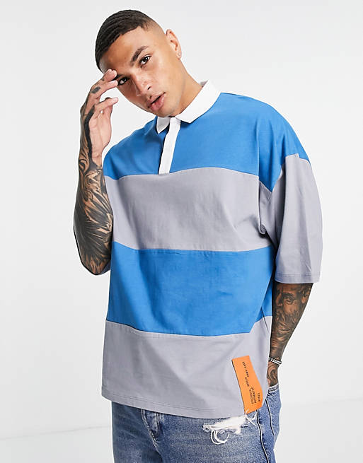 ASOS DESIGN oversized polo t-shirt in blue stripe
