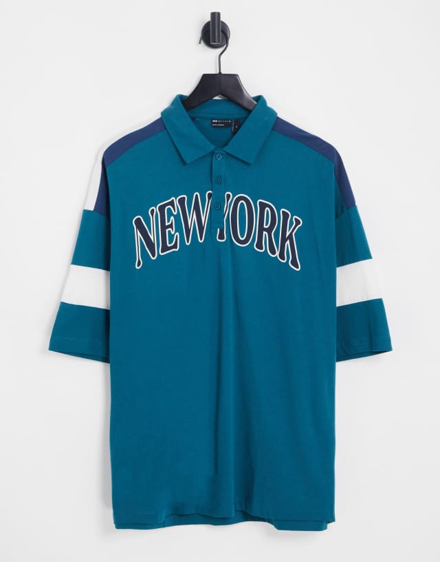 ASOS DESIGN oversized polo t-shirt in blue with color block sleeve & New York print
