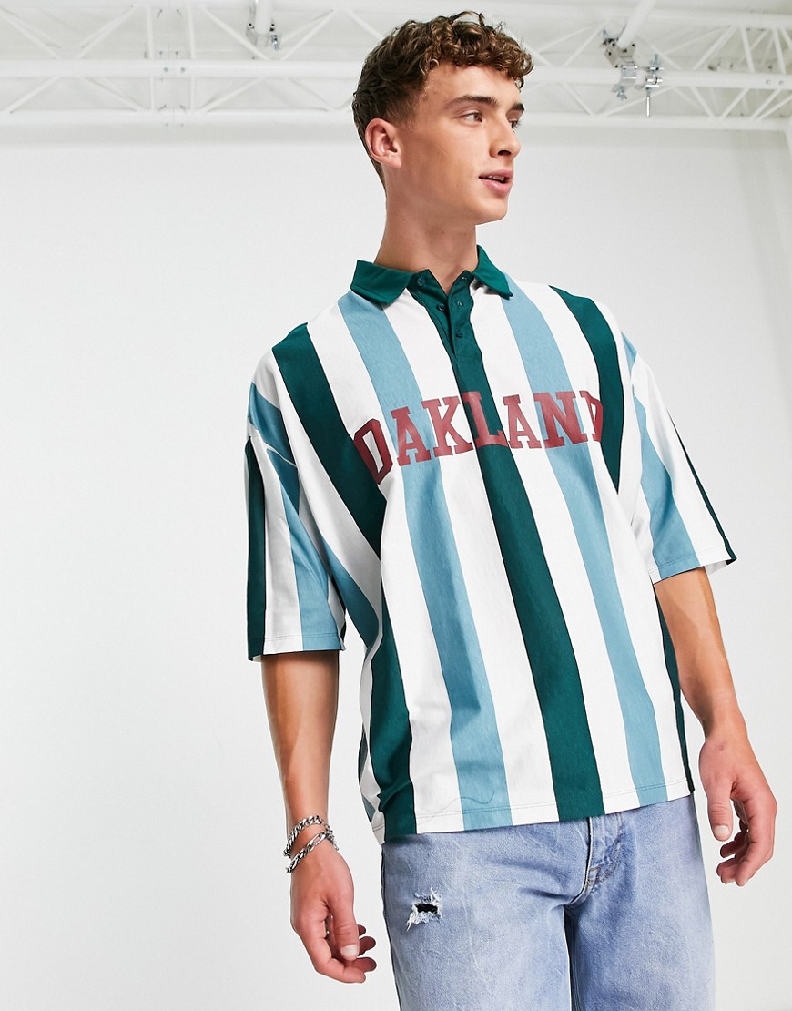 ASOS DESIGN oversized polo t-shirt in green stripe with Oakland print