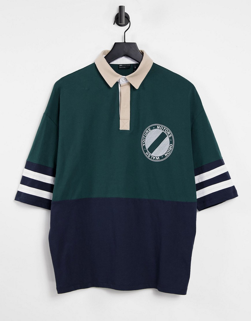 ASOS DESIGN oversized polo t-shirt in green with color block and chest print