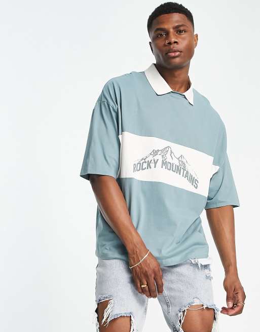 ASOS DESIGN oversized polo T-shirt in green with mountain print | ASOS