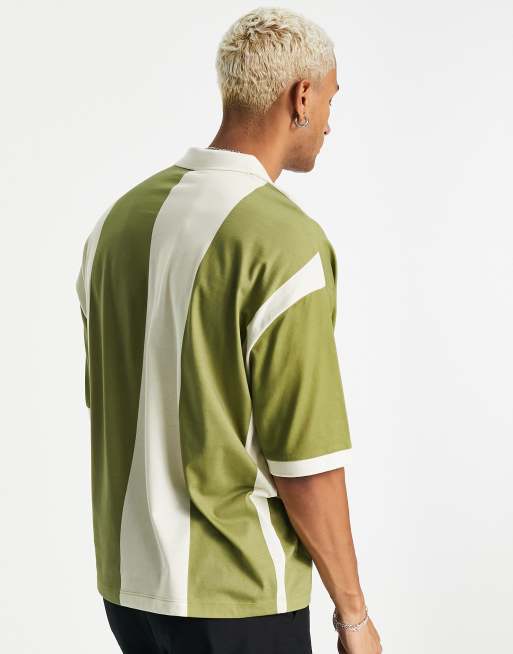 ASOS DESIGN oversized polo long sleeve t-shirt in khaki acid wash