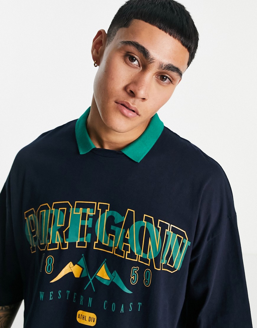 ASOS DESIGN oversized polo t-shirt in navy with collegiate Oregon city print
