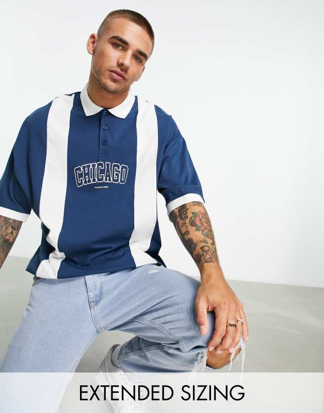 ASOS DESIGN oversized polo t-shirt in navy with white panels & Chicago print