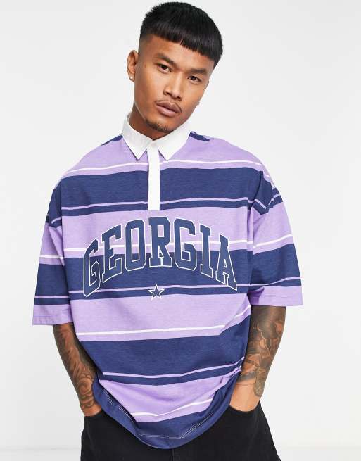 ASOS DESIGN oversized polo t-shirt in purple stripe with collegiate print