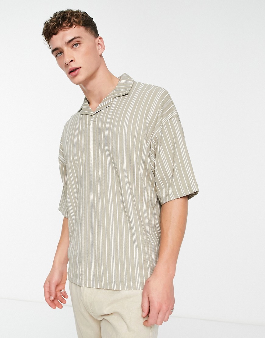 Asos Design Oversized Polo T-shirt In Stripe Texture With Camp Collar-green