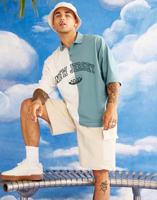 ASOS DESIGN - Oversized polo-T-shirt med opdelt farveblok-design og 'New Jersey'-print 