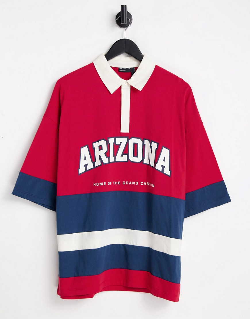 ASOS DESIGN oversized polo t-shirt with Arizona print & color block in red