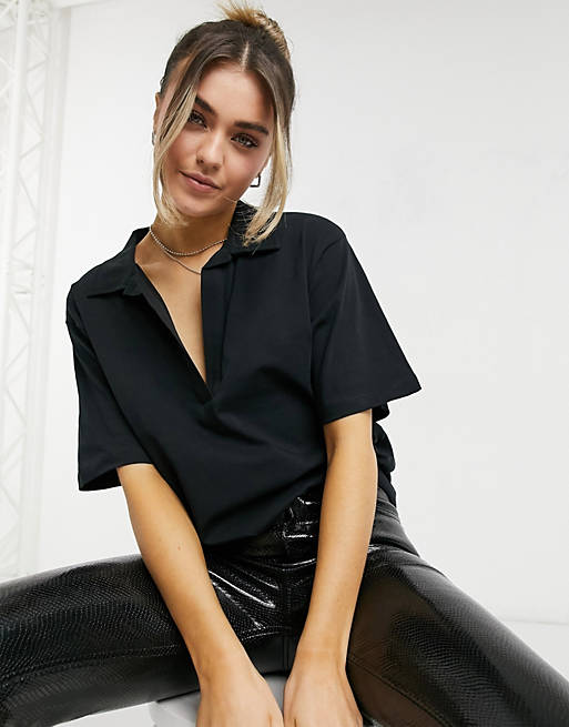 Tops oversized polo t-shirt with collar detail in black 
