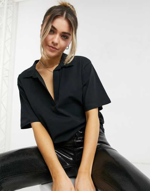 ASOS DESIGN oversized polo T shirt with collar detail in black