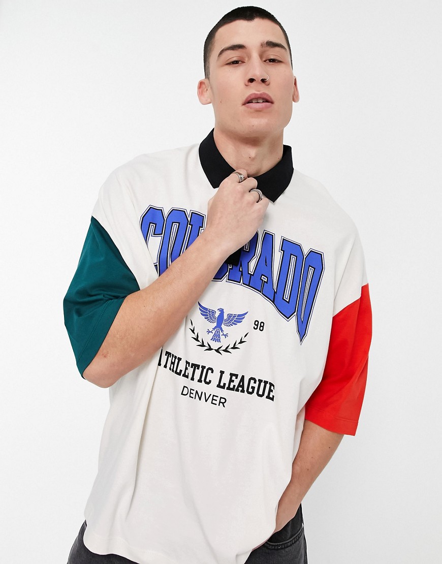 Asos Design Oversized Polo T-shirt With Colorado Print & Contrast Sleeves-white