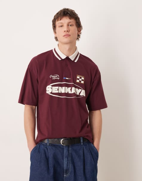 ASOS DESIGN oversized polo t-shirt with football graphic in burgundy - BURGUNDY