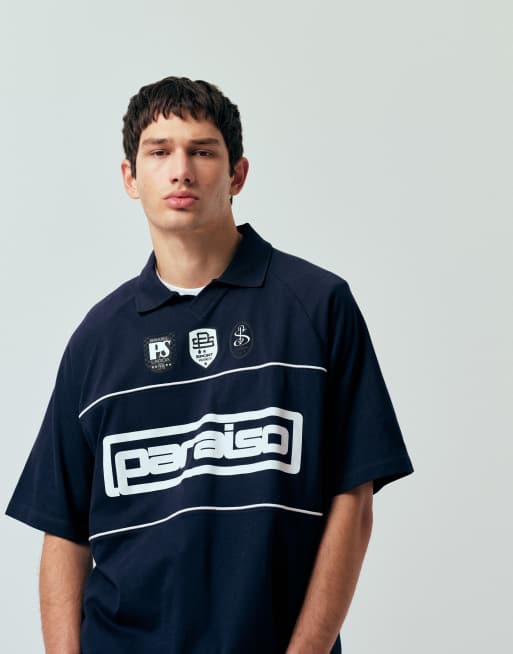 ASOS DESIGN oversized polo t-shirt with panels and paraiso graphic in navy, 5 of 5