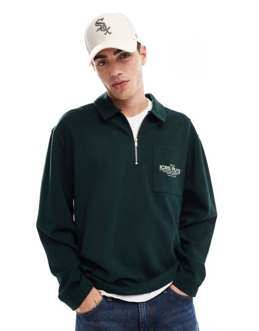 ASOS DESIGN - Oversized polo van getextureerde jersey met print op de zak in donkergroen