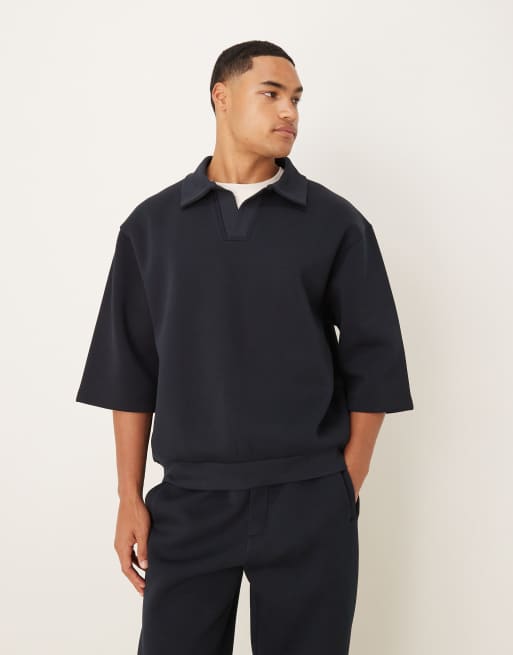 ASOS DESIGN - Oversized polo van scuba-achtige stof met 3/4 mouwen in marineblauw