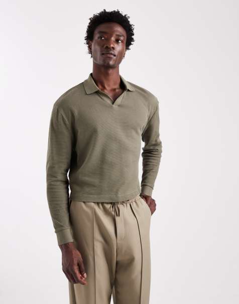 ASOS DESIGN - Oversized polo van zware stof met inkeping in de hals en textuur in kaki - view 1