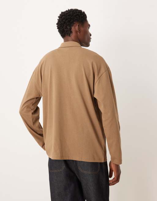 ASOS DESIGN - Oversized polo van zware stof met lange mouwen in bruin, 3 van 5