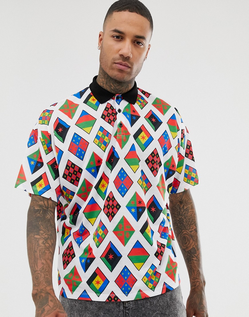 ASOS DESIGN oversized polo with all over mixed print-White