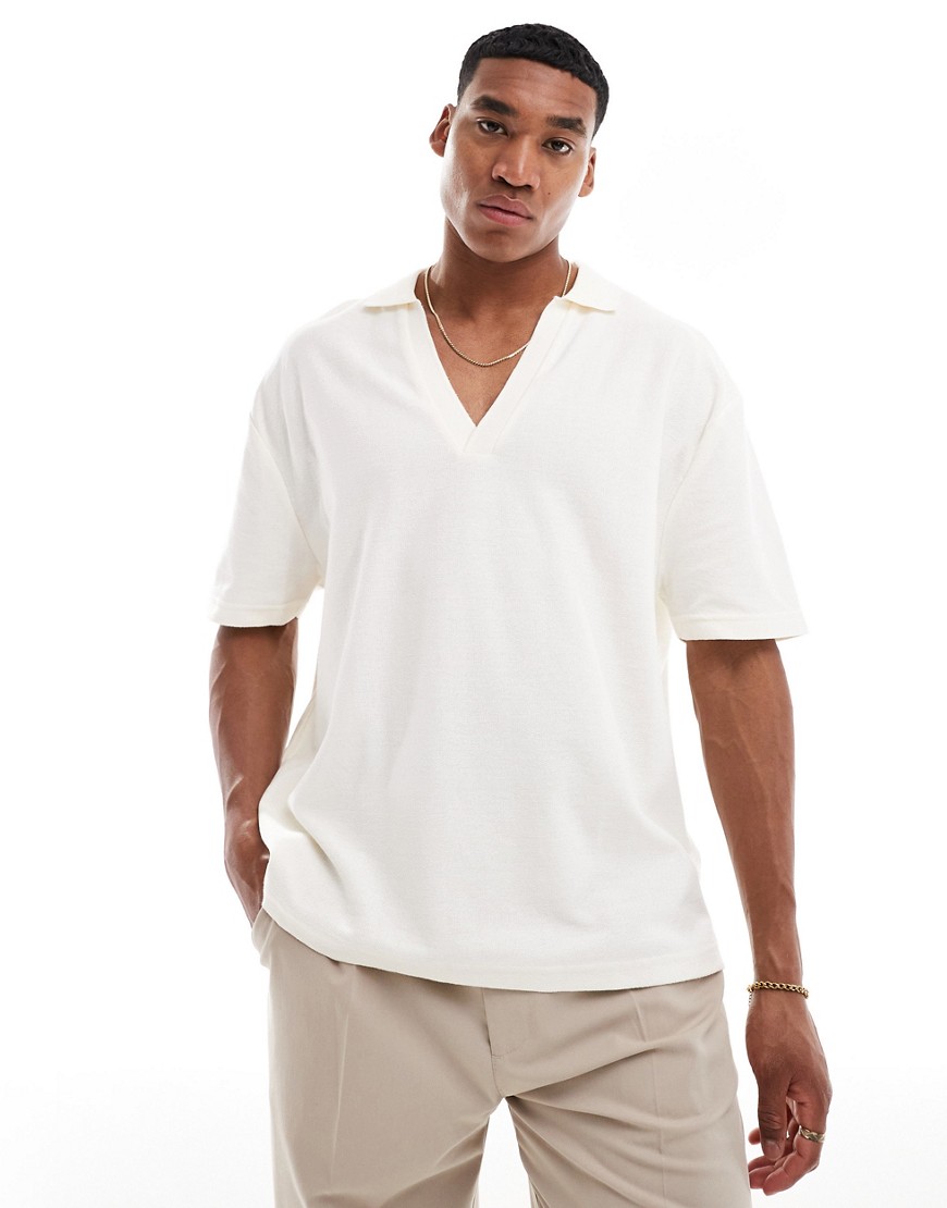 Asos Design Oversized Polo With Camp Collar In Beige-neutral