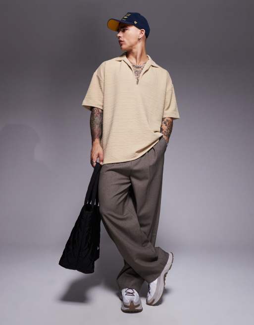 ASOS DESIGN oversized polo with camp collar in stone texture
