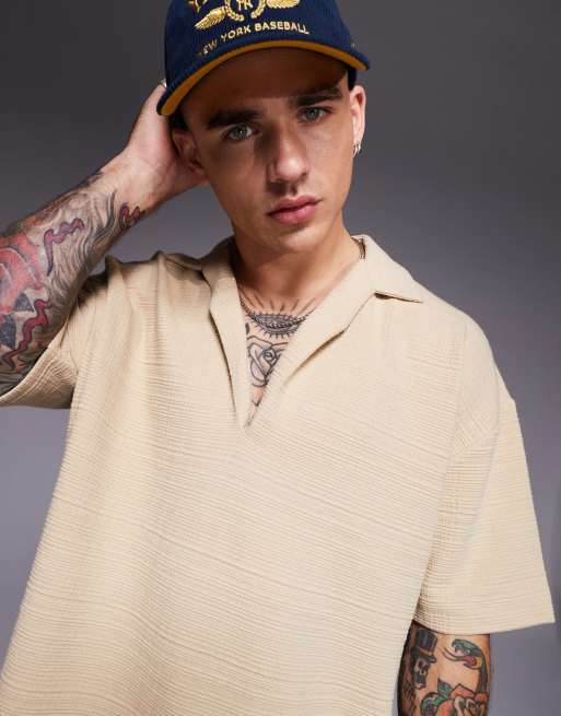 ASOS DESIGN oversized polo with camp collar in stone texture