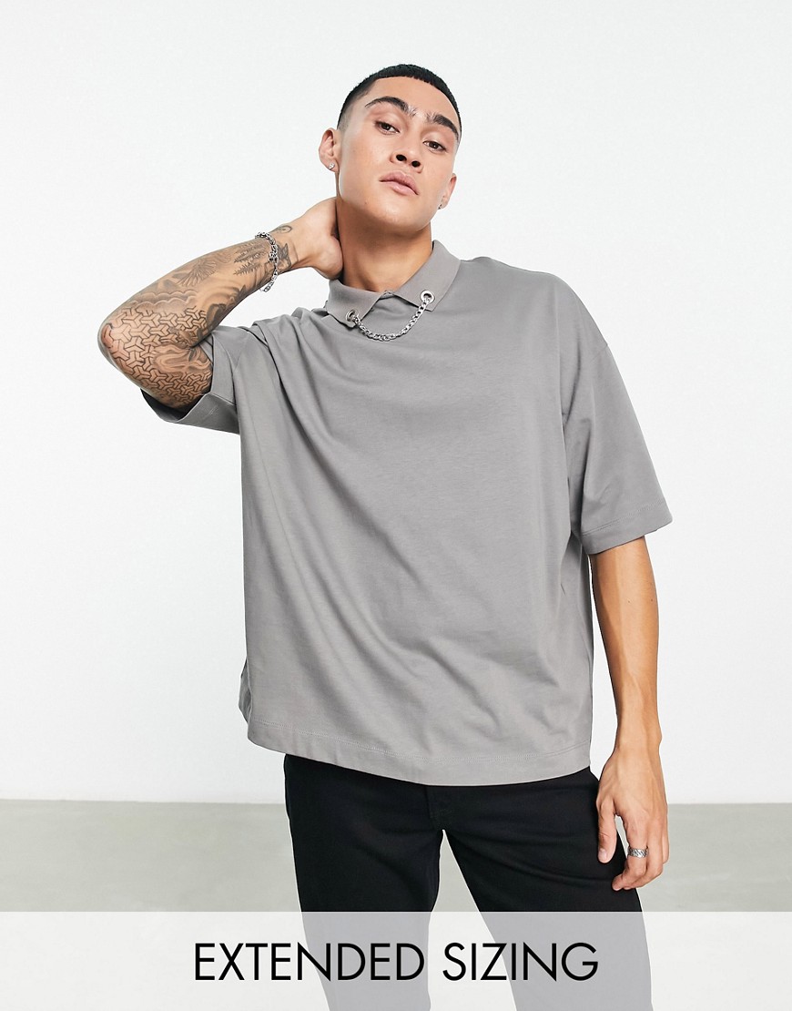 ASOS DESIGN oversized polo with chain detail in washed black