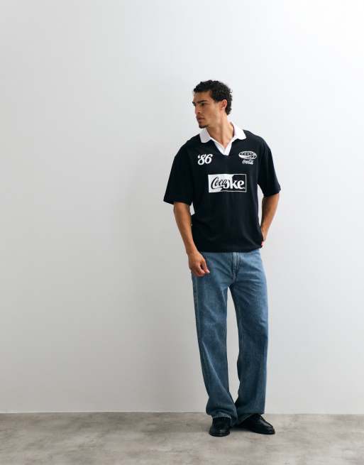 ASOS DESIGN oversized polo with Coca Cola print in Black, 3 of 5
