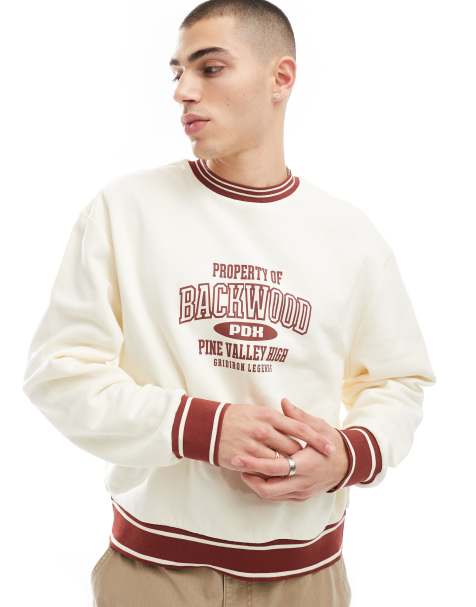 ASOS DESIGN oversized polo with collegiate print and red tipping in beige - view 1