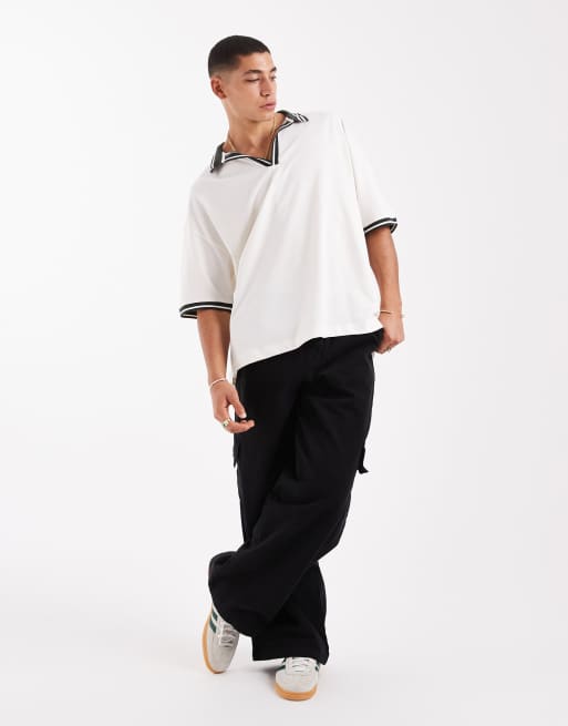 ASOS DESIGN oversized polo with contrast collar and hem detail in cream pique
