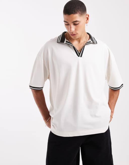 ASOS DESIGN oversized polo with contrast collar and hem detail in cream pique
