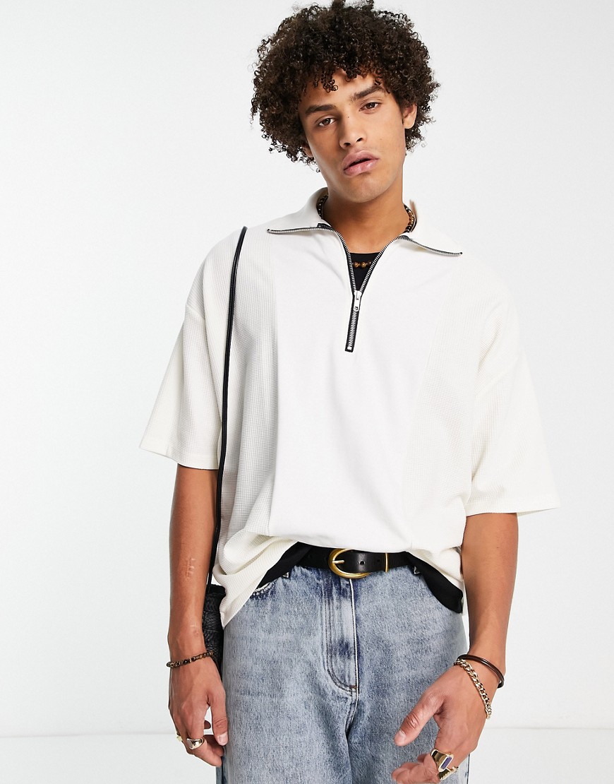 ASOS DESIGN oversized polo with contrast waffle and zip in cream-White