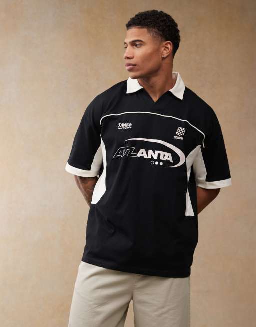 ASOS DESIGN oversized polo with cut and sew panelling and sports graphics in black, 4 of 4