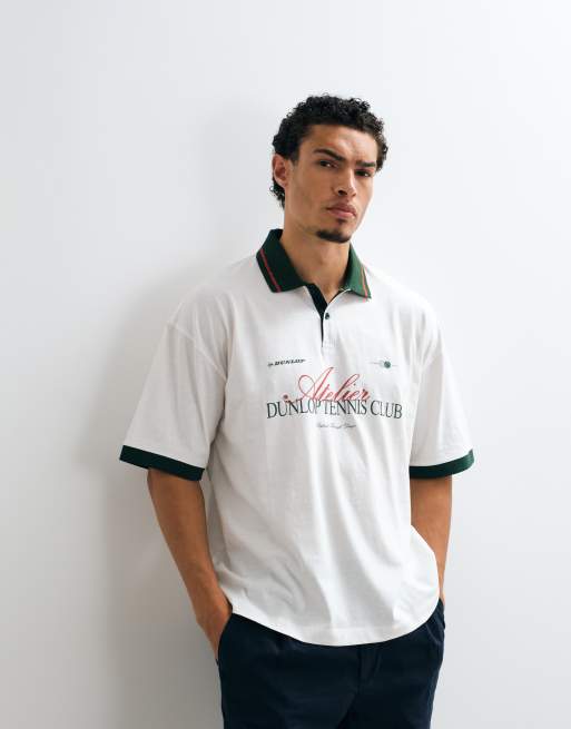 ASOS DESIGN oversized polo with Dunlop Tennis in Off white, 2 of 5